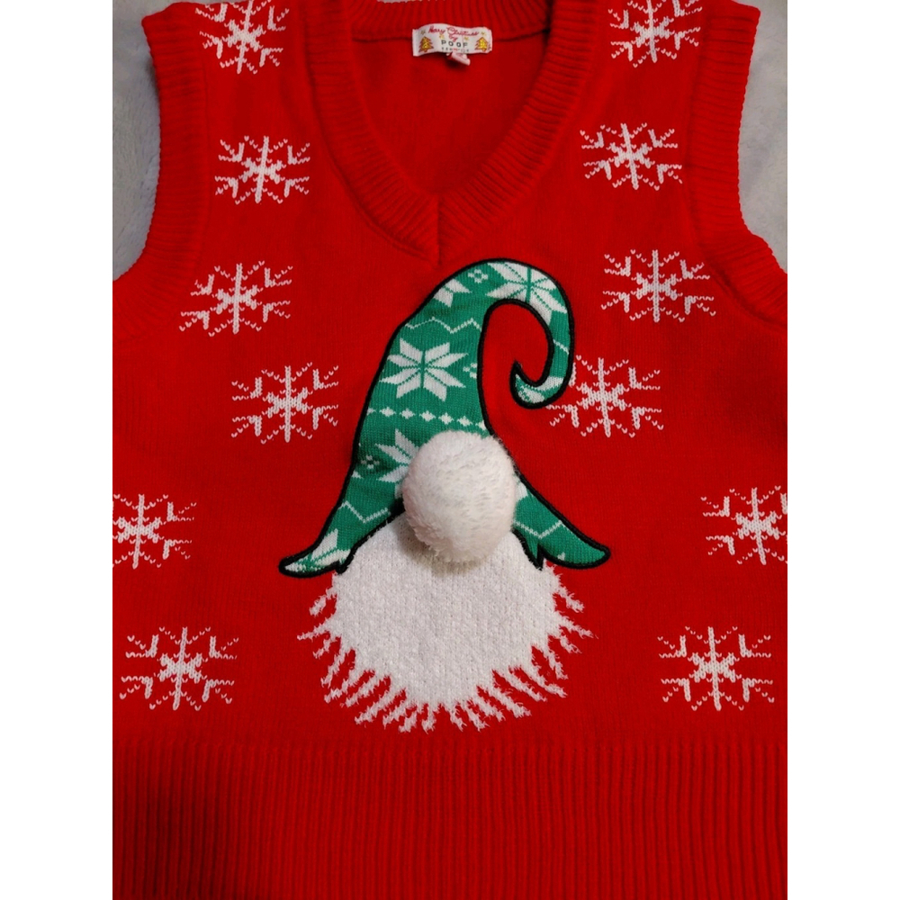 Merry Christmas by Poof NY Red Christmas Holiday Gnome Sweater Pom Pom Vest XS - Picture 6 of 8
